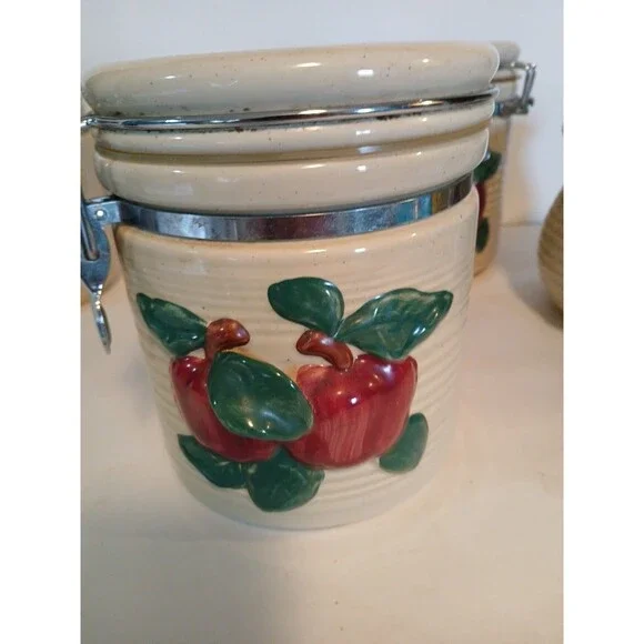 VTG-3 Cracker Barrel Country Apple Canister Set Metal Closure With Candel Holder